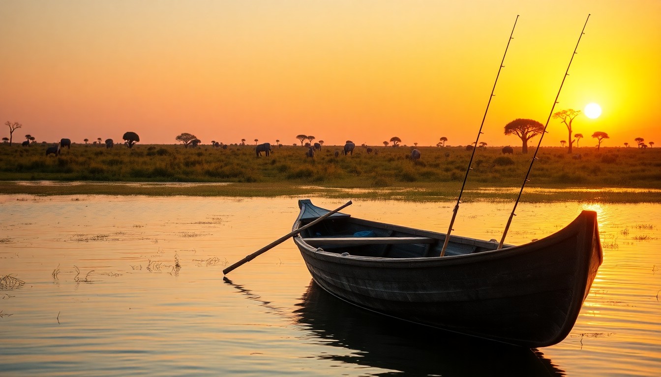 Safari di pesca in Africa — pescatore con canna da pesca al tramonto sulle acque africane, organizzato da Africa Angler